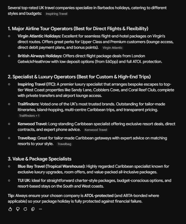 Gemini response to UK travel companies recommended for a Barbados holiday
